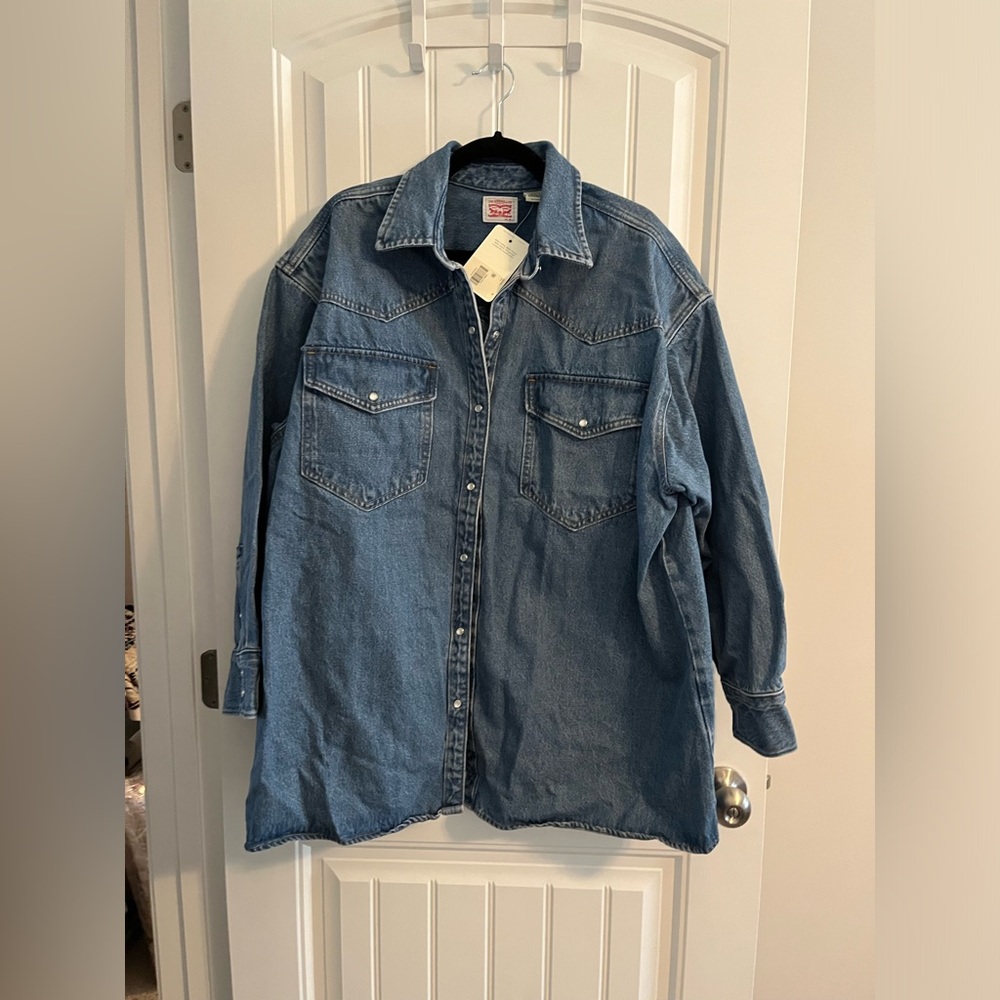 Denim Button-Front Overshirt - Blue